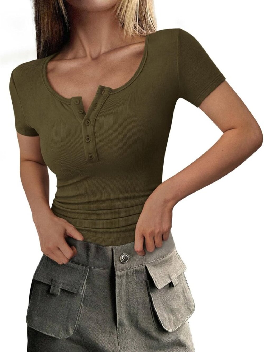 Women's Army Green Short Sleeve Ribbed Henley Button Slim Fit Casual T Shirts